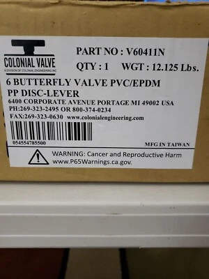 Colonial Valve 6" Butterfly Valve PCV/EPDM PP Disc-Lever - Image 1 of 3