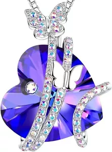 Dainty Deep Purple Butterfly Love Heart Pendant Necklaces W/ Birthstone Jewelry - Picture 1 of 4