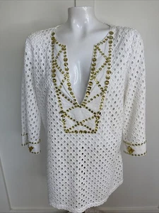 Soft Surroundings Womens Swimsuit Cover Up Size L White Eyelet Gold Jewels - Picture 1 of 7
