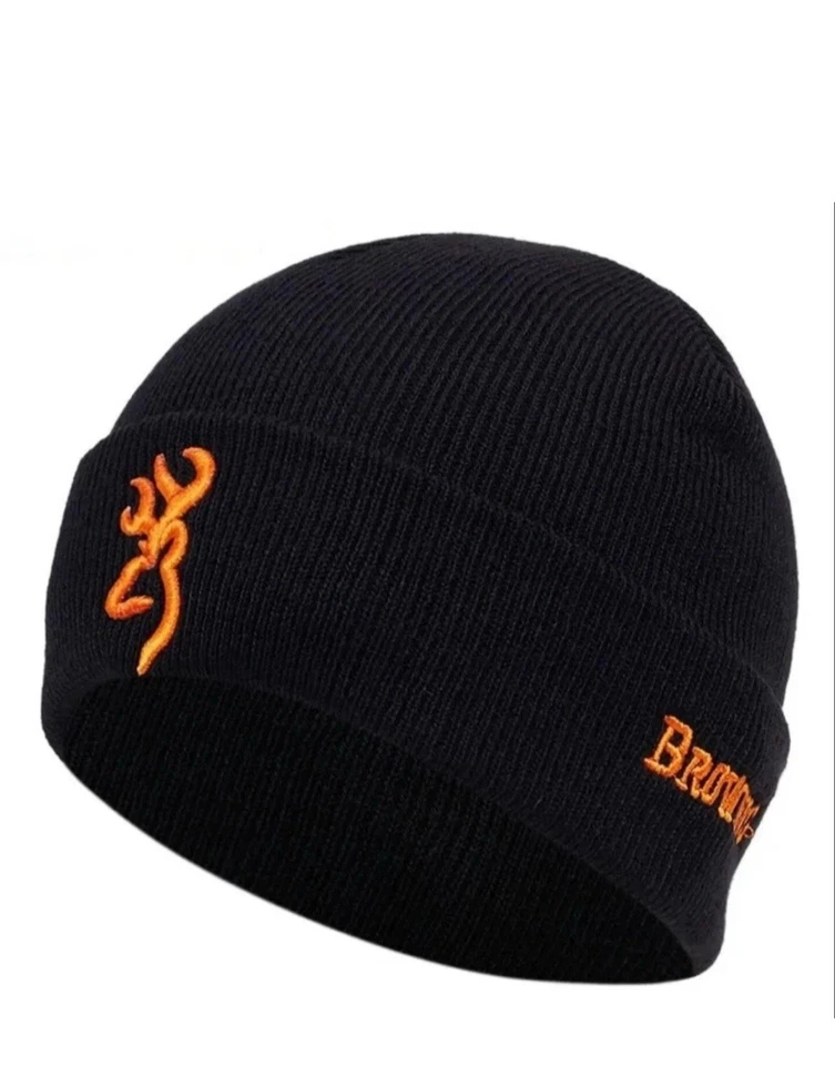 Gorro negro bordado con logotipo marrón tejido con puños elástico cálido calavera Foto 1 de 4