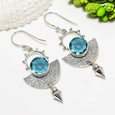 Delicado pendiente para mujer de plata de ley 925 maciza con piedras preciosas de turmalina Paraiba V6990 Foto 1 de 4