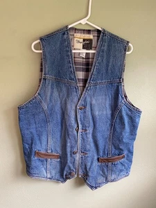 Wrangler Outerwear Denim Leather Flannel Lined Vest Mens Large Western Wear VTG - Picture 1 of 5