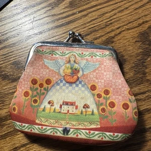 Cartera de cambio Jim Shore Heartwood Creek Kisslock con girasoles de granja de ángeles - Imagen 1 de 6