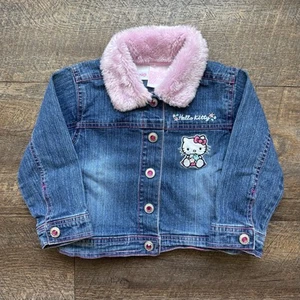 VTG 2000's Baby 2T Sanrio Hello Kitty Denim Jacket With Faux Fur Collar Jacket - Picture 1 of 8