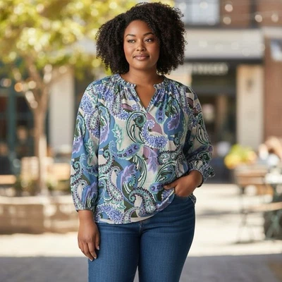 Sunny Leigh Top Blouse 2X Satin Paisley Floral Multicolor Long Sleeve Feminine - Image 1 of 4