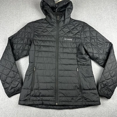 Chaqueta Columbia Mujer Mediana Negra Con Capucha Acolchada Puffer Bolsillos Cremallera Abrigo Caminata Foto 1 de 4
