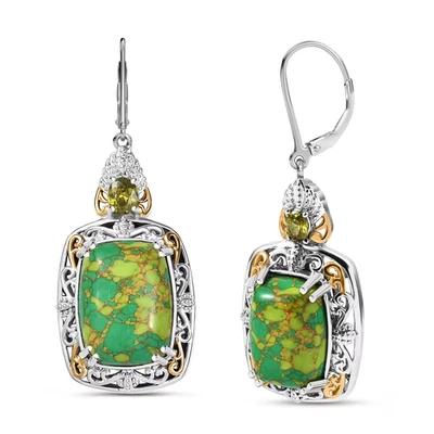 Green Turquoise and Simulated Green Diamond Lever Back Earrings in 18K YG Brass - Image 1 of 4