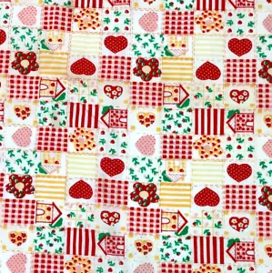 Patchwork Squares Red Green Hearts Flower Houses Gingham Cotton Fabric 3 1/2 Yds - Picture 1 of 8