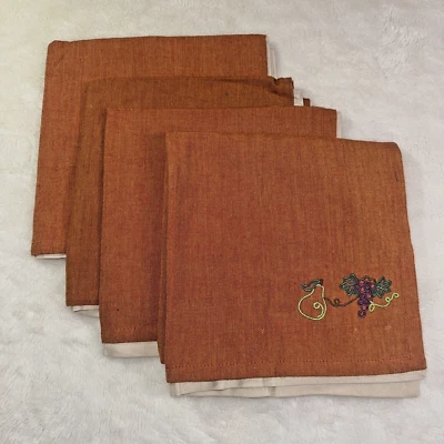 8 Dinner Napkins 4 Orange W/Fruit Embroidery 4 Solid Tan 17"x17" Fall Autumn EUC - Image 1 of 4