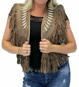 Womens Leather Fringe Vest American Style Suede Leather Ladies Beaded Waistcoat - Picture 1 of 3