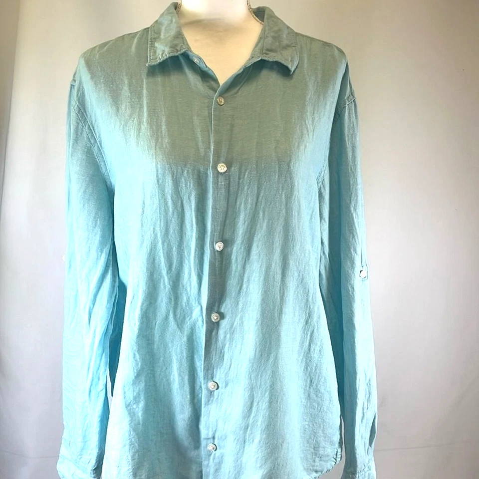 Blusa Perry Ellis Mezcla de Lino Abotonada Para Mujer XL Manga Larga Cuello Foto 1 de 4