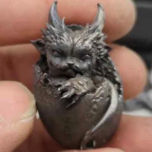Black Solid Copper Old Hand-carved Cat Dragon Egg Model Statue - Picture 1 of 10