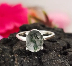 Anillo solitario de musgo natural de ágata de corte ovalado anillo solitario de plata de ley 925 - Imagen 1 de 3