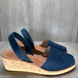 Avarcas Australia Wedge Sandal Womens 36 Cork Wedge Slingback Leather Navy Blue - Picture 1 of 10