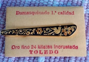 Vintage Toledo Damascene Tie Clip with Etched Flowers & Birds Goldtoned & Black - Picture 1 of 5