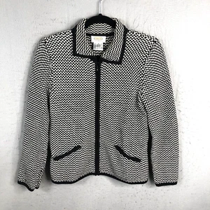 Talbots Sweater Womens 8P Petite Black White Check Textured Cardigan Career - Picture 1 of 16