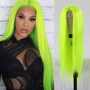 Long Neon Green Lace Front Wig Straight Synthetic Wigs Glueless Heat Resistant