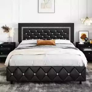 King Size Black Upholstered Bed Frame - Diamond Tufted Faux Leather- Sturdy - Picture 1 of 7