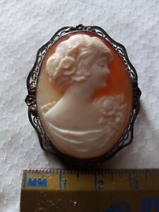 Silver Brooch Pendant Pin Antique Victorian Shell Cameo Sterling