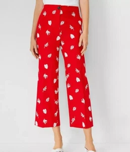 Ann Taylor Wide Leg Crop High Rise Linen Red Pants Floral Embroidered size 8 - Picture 1 of 7