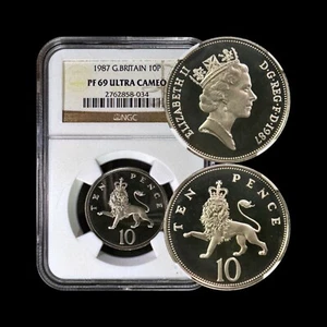 GREAT BRITAIN. 1987, 10 Pence - NGC PF69 - Top Pop 🥇 QEII, England Rampant Lion - Picture 1 of 5