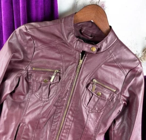 New Look Moto Jacket Women M Purple Pockets Full Zip Punk Grunge Racer Chic - Picture 1 of 11