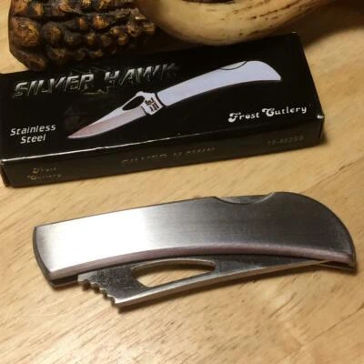Frost Cutlery Silver Hawk Brushed Stainless Lockback 3" Pocket Knife F15483SS
