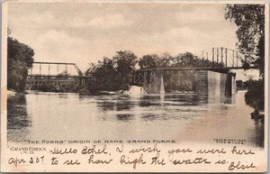 Vintage 1907 GRAND FORKS North Dakota Postcard "THE FORKS" Bridges / 1907 Cancel - Picture 1 of 2