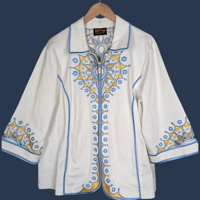Bob Mackie Wearable Art Jacket Womens 2X White Blue Yellow Cut Out Embroidered - Image 1 of 4