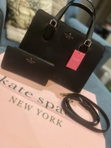 NWT Kate Spade Laurel Way Reese Satchel Black Leather Crossbody Bag + Wallet - Picture 1 of 10