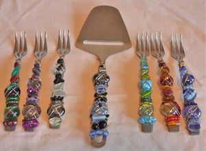 Cheese Serving Set, artisan made, six forks and a slicer, stainless steel - Picture 1 of 1