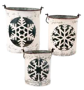New Farmhouse 3 RUSTIC WHITE SNOWFLAKE LUMINARY BUCKET Candle Holder Lantern - Picture 1 of 1