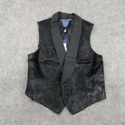 Ralph Lauren Vest Womens 8 Blue Label Black Silk Sleeveless Calf Hair Collar A - Image 1 of 4