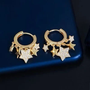Party Festival Rave Chic Stylish Gold Tone Stars Dangle Earrings - Picture 1 of 5
