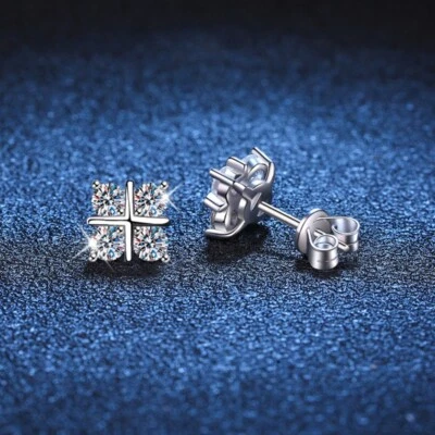D Color VVS1 Moissanite Stud Earrings Women 925 Sterling Silver Platinum Plated - Image 1 of 4