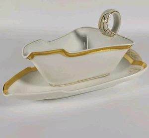 Antike Vintage Haviland Limoges Gold Weiß Dreieck Sauciere mit Unterteller - Bild 1 von 8