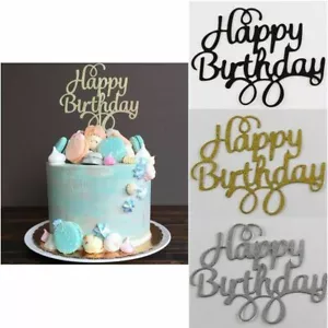 Happy Birthday Cake Topper Black Gold Silver Glitter Party Decorations Event - Picture 1 of 23