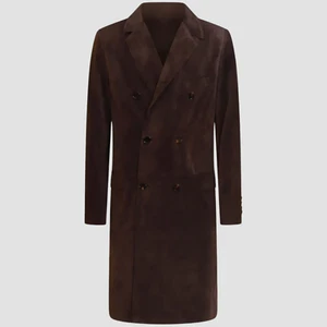 Men's Double Breasted Suede Leather Overcoat Long Trench Coat Vintage Coat - Picture 1 of 5