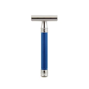 EDWIN JAGGER 3one6 Stainless Steel Grooved Blue Double Edge Safety Razor NEW - Picture 1 of 4