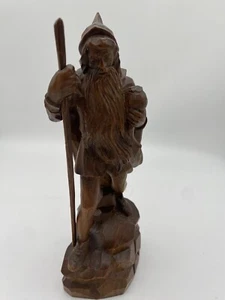 Vintage Hand Carved Wooden Mountain Walking Man with Staff, Approx 9” Tall - Picture 1 of 9