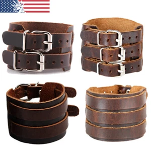 Men's Punk Wide Genuine Leather Belt Wristband Bangle Cuff Bracelet Adjustable - Picture 1 of 31
