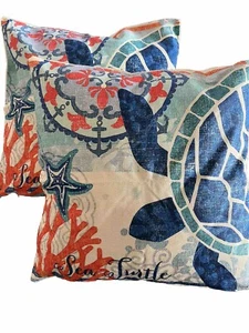 Ocean Theme Throw Pillow Covers 2 Pack 18x18 Sea Turtle - Picture 1 of 4
