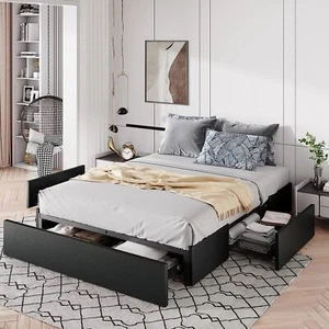 Sifurni Full/Queen Platform Bed Frame & 3 Storage Drawers, Black, Faux Leather - Picture 1 of 24