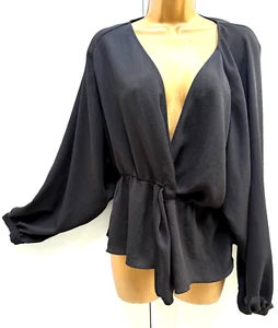 All Saints Lasia top black silky crossfront tie relaxed l/sleeve L-12/14 MINT - Picture 1 of 10