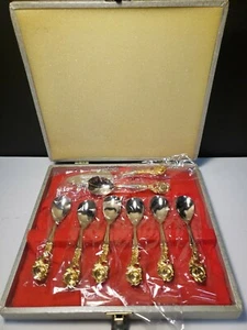 Set Of 6 Dessert Spoons and Server With Golden Rose Handle - Picture 1 of 6
