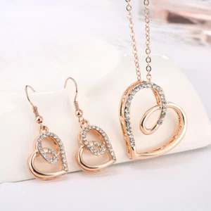 Oro Plata Amor Corazón Plata Collar Pendientes Set Disfraz Estrás Joyería - Imagen 1 de 4