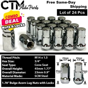 24x Chrome 14x1.5 Cone Seat Lug Nut + Wheel Lock Set Fit GMC Sierra Savana Yukon - Picture 1 of 8
