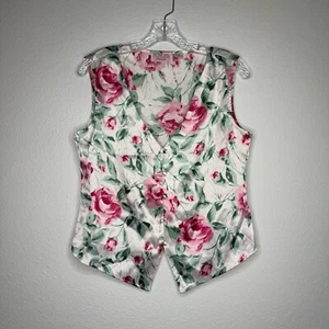 Honors Intimates Vintage White Satin Button Up Rose Floral Vest Women’s Size L - Picture 1 of 5