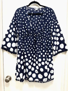 Boden Blue Cotton Caftan Pom Pom trim polka dot Women Cover up dress 8R - Picture 1 of 10