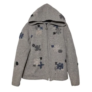 Skyr Snowflake Cardigan Womens Size Medium Gray Lambswool Hooded Full Zip - Picture 1 of 13